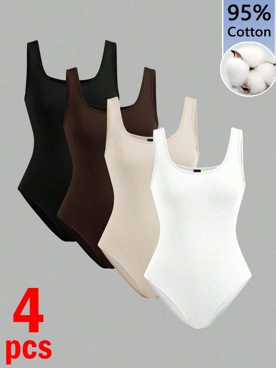 Set de 4 piezas de body ajustado de mujer de varios colores, adecuado para usar de manera casual en verano - Multicolor 2 - Ver 1
