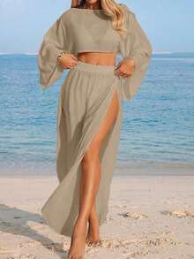 Swim Vcay Conjunto de dos piezas de cubrecuerpo casual de manga larga y abertura para la playa en color blanco para mujer - Caqui - Ver 4