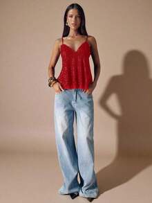 Camiseta de mujer con decoración de lentejuelas - Rojo - Ver 7