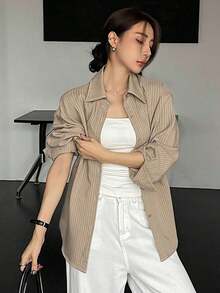 Camisa casual/escolar holgada a rayas para mujer, top de manga larga de estilo preppy para mujer, ropa de otoño - Caqui - Ver 5