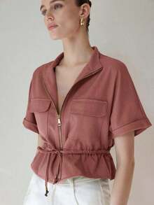 Camisa utilitaria corta de moda, con dos bolsillos simétricos en el pecho, diseño de cintura entallada, elegante y práctica - Rosa - Ver 5