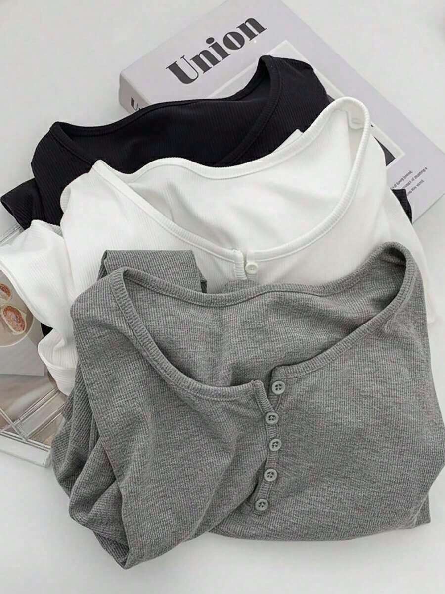 Camiseta de manga larga con cuello de pico casual y decoración de botones de unicolor para mujer - Multicolor - Ver 1