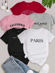 Unity 5 PIEZAS Camiseta casual de mujer con estampado de lema y manga corta, blusas gráficas para mujer - Multicolor 5 - Ver 1