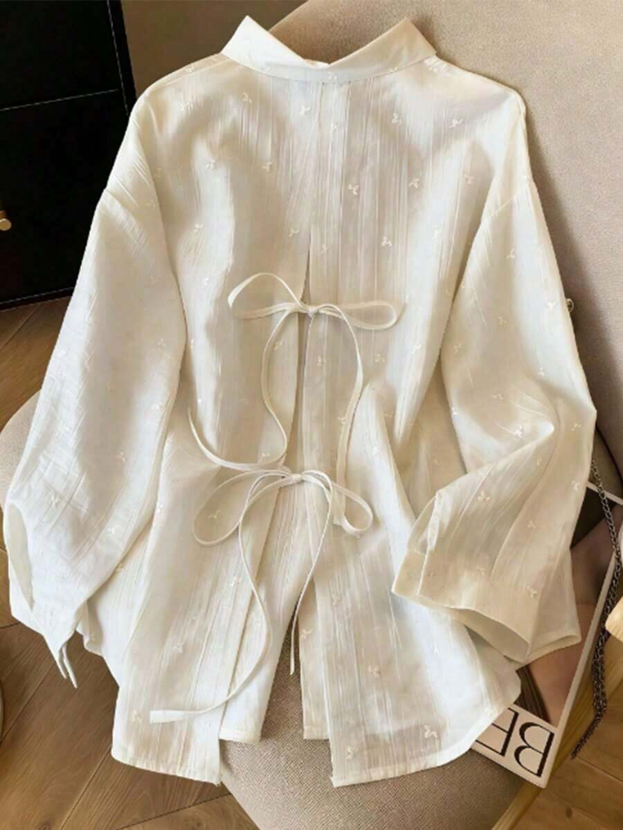Camisa de mujer de manga larga con espalda descubierta y lazo, de estilo suelto y delgado, para primavera/verano - Albaricoque - Ver 1