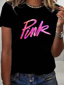 Women's Casual T-Shirt With A Bright Pink Design, Featuring A Round Neck And Short Sleeves, A Stylish Top - 黑色 - 查看 1