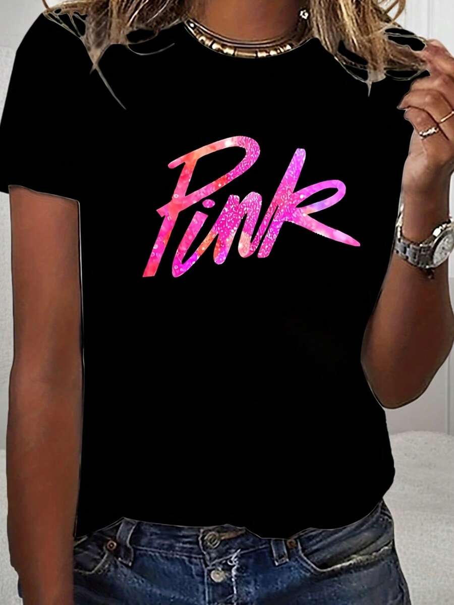 Women's Casual T-Shirt With A Bright Pink Design, Featuring A Round Neck And Short Sleeves, A Stylish Top - 黑色 - 查看 1