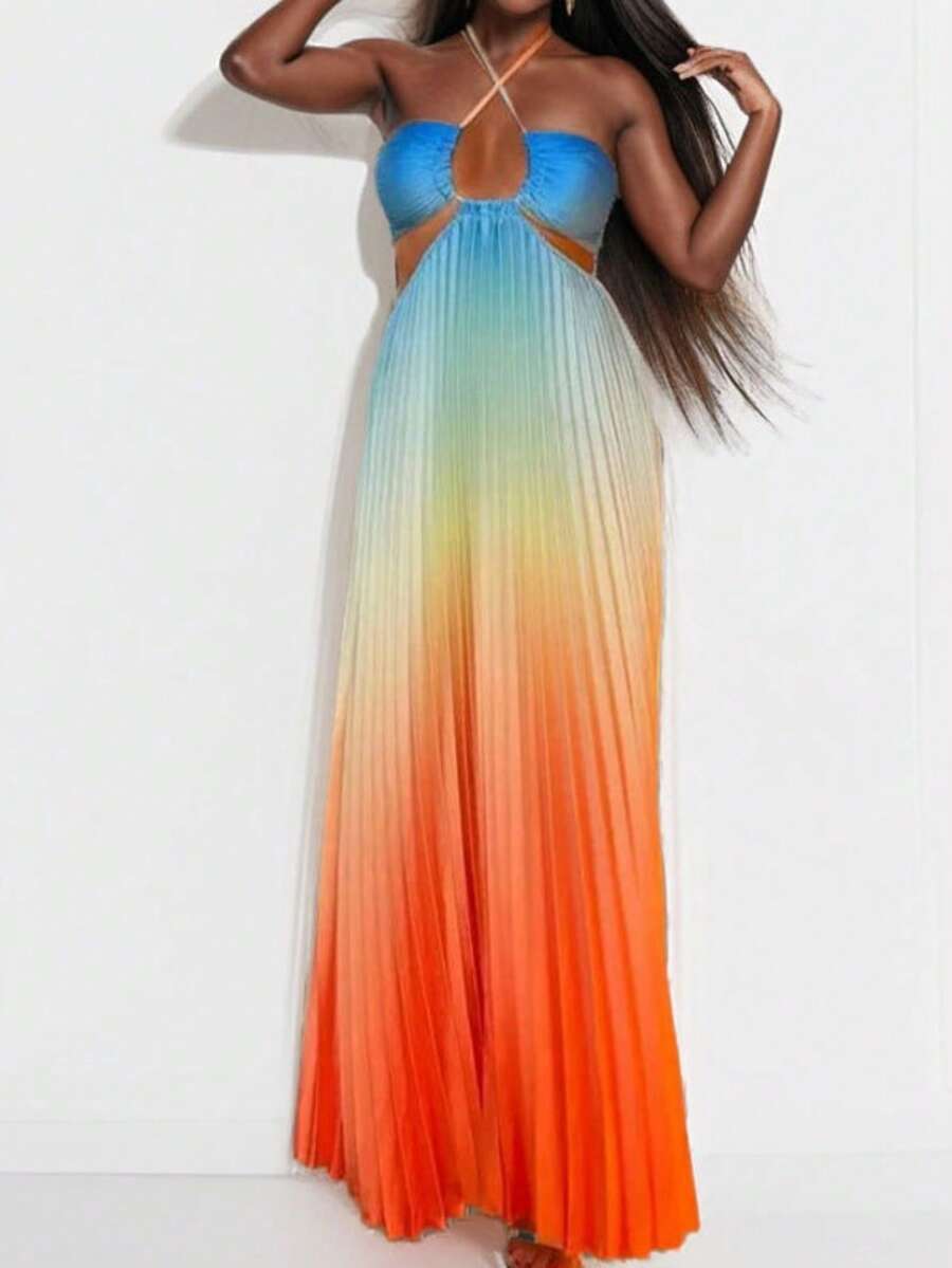 Vestido largo degradado primavera cuello halter calado elegante y sensual para mujer - Naranja - Ver 1
