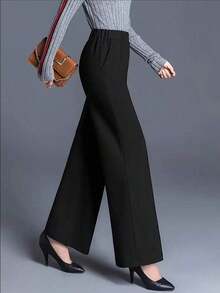 2025 Pantalones rectos de cintura alta relajados de estilo minimalista versátil, adecuados para el trabajo y el uso diario, color negro - Negro - Ver 4