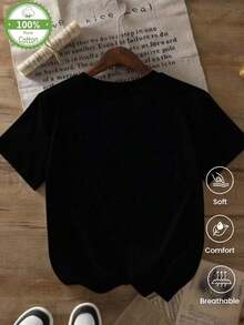 Camiseta de cuello redondo y mangas cortas de ropa fashion, fabricada en México, para la temporada primavera-verano 2025. Con estampado de dibujos animados, es un modelo de pareja, apta para usar tanto por dentro como por fuera, ideal para oficina y estilo casual, diseñada para hombres y mujeres, en unidad individual. - Negro - Ver 3