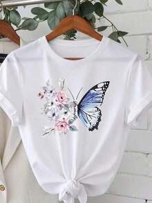 Women's Basic Short Sleeve T-Shirt Autumn/Winter 2025: Round Neck, Loose Fit,  Butterfly And Flower Print, Soft Fabric With Perfect Drape And Ultra-Versatile Blouses For Women, Women's T-Shirts, Casual Blouses For Ladies - 白色的 - 查看 6