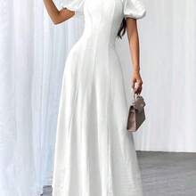 1pc Women Elegant Solid Color Square Neck Puff Sleeve Waisted Flare Hem Dress - Blanco - Ver 6