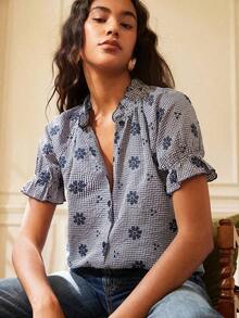 Blusa ajustada de manga corta con bordado de encaje hueco y estilo joven y elegante para mujer - Rojo - Ver 11