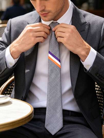 1 chiếc cà vạt polyester kẻ sọc trơn, kiểu dáng thường ngày, đa năng cho công sở, đám cưới, phỏng vấn, phù hợp mọi mùa. Thiết kế cài khuy tiện dụng.