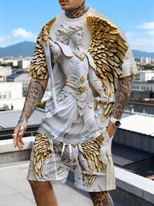 Fashionable Greek Mythology Angel Warrior Design Men's Casual Two Piece Set Round Neck Short Sleeved T Shirt And Drawstring Shorts With Pockets 2026 Summer New Style Summer Wear 3D Printing For Streetwear And Outdoor Activities Soft Comfortable Fabric - Nhiều màu - Xem 4