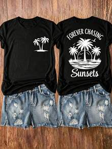 Camiseta de manga corta con cuello redondo y estampado gráfico de palmeras y atardeceres para mujer, azul, adecuada para uso casual, al aire libre, vacaciones, todas las estaciones, verano. - Negro - Ver 2