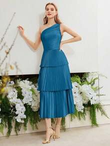 PREMIUM Vestido De Un Hombro Ajustado Tejido Con Pliegues - Azul - Ver 5