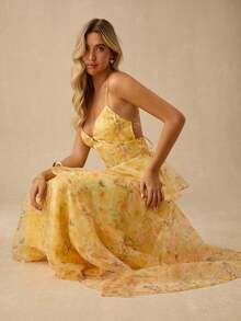 Vestido sin espalda sin mangas con estampado todo sobre todo de verano para mujer - Amarillo - Ver 6