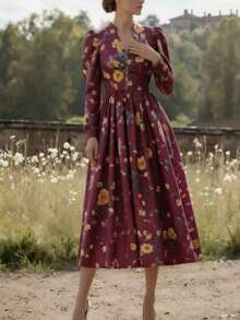 Vintage Spring Maxi Dress, V-Neck, Printed, Long Sleeves, Elegant Classic Fashion For Women - 酒紅色 - 查看 6