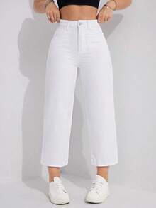 Jeans rectos de pierna ancha casual lavados para mujer - Blanco - Ver 1