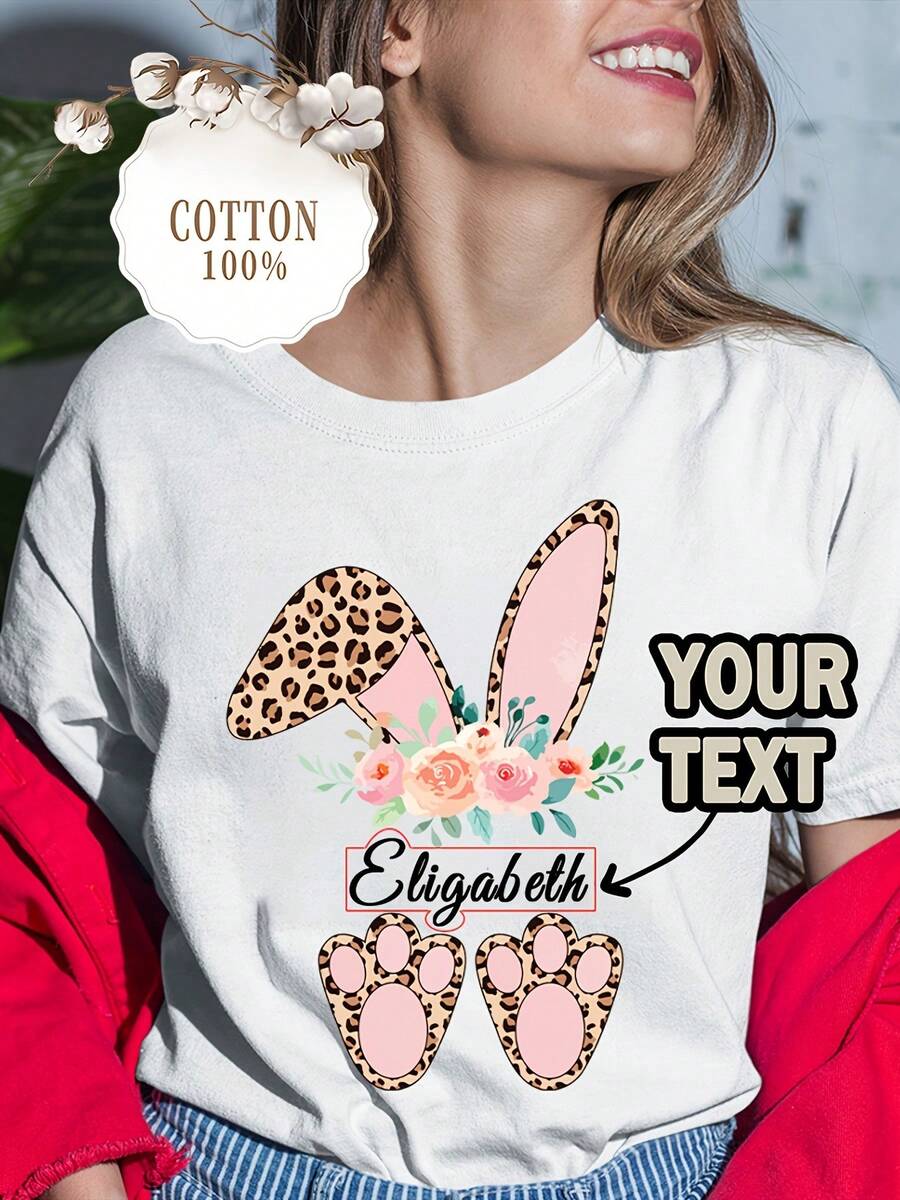 Producto Personalizado: Orejas de Conejo de Pascua con Diseños Florales, Personaliza con el Texto que Desees, Camiseta 100% Puras, Camiseta DIY con Diseño de Nombre Personalizado - [Blanco] - Ver 1