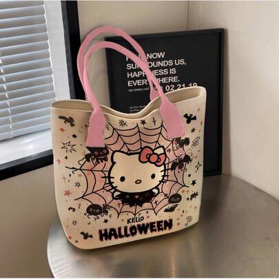 SANRIO 1个Hello Kitty印花帆布手提袋，米白色底色，饰以粉色蝴蝶结和星星图案，加厚耐磨帆布材质，简约百搭的时尚手提包，可手提或单肩背，轻便大容量，非常适合工作时装文件、上学时装书本、日常购物、短途旅行和野餐收纳，是上班族、学生、妈妈和休闲旅行者的理想之选，多场景实用可爱少女心高性价比手提袋