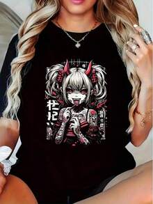 Women's Clothing Women's Gothic Anime Graphic Print Cotton T-Shirt, Short Sleeve, Round Neck, Regular Fit, Grunge Style, Women's Shirts - 黑色 - 查看 1