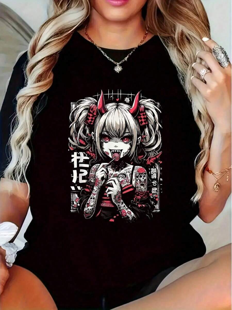 Women's Clothing Women's Gothic Anime Graphic Print Cotton T-Shirt, Short Sleeve, Round Neck, Regular Fit, Grunge Style, Women's Shirts - 黑色 - 查看 1