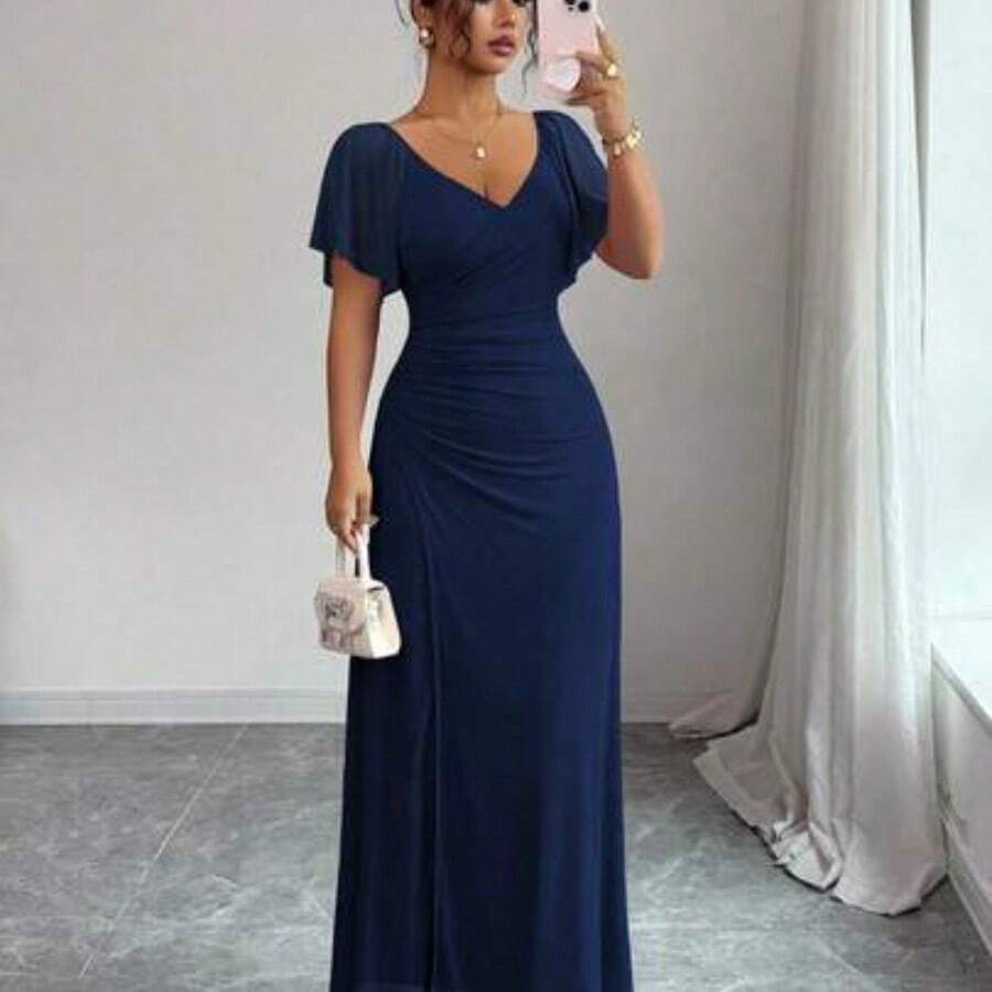Elenzya Women's Light Purple V-Neck Ruffle Sleeve Pleated Waist Split Dress, Elegant Bridesmaid Dress, Party Gown, Spring/Summer - Azul Marino - Ver 1