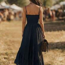 Bohemian Style Casual Vacation Front Short Back Long Cinched Waist Women's Mid-Length Dress - Celeste - Ver 3