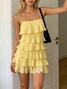 Vestido mini casual de mujer con textura plisada y con volantes para vacaciones - Amarillo mantequilla - Ver 6