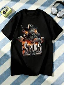 Unisex T-Shirt Made Of Pure Cotton, Men's & Women's Spurs Cowboy Graphic Unisex 100% Cotton T-Shirt Soft, All Seasons Casual Streetwear Essential, All-Match All Seasons Style, Affordable Daily Wear & Perfect Christmas Gift For Fans And Friends, Summer T-Shirt, Summer Clothes Women's, Men's Summer Outfit, Women's Shirt, Creative Design, Outdoor Play, Cool Style, Fun Design, Pretty Style, Summer Outfit, Creative Design, Outdoor Play, Cool Style, Fun Design, Pretty Style, Summer Clothes - Black - View 1