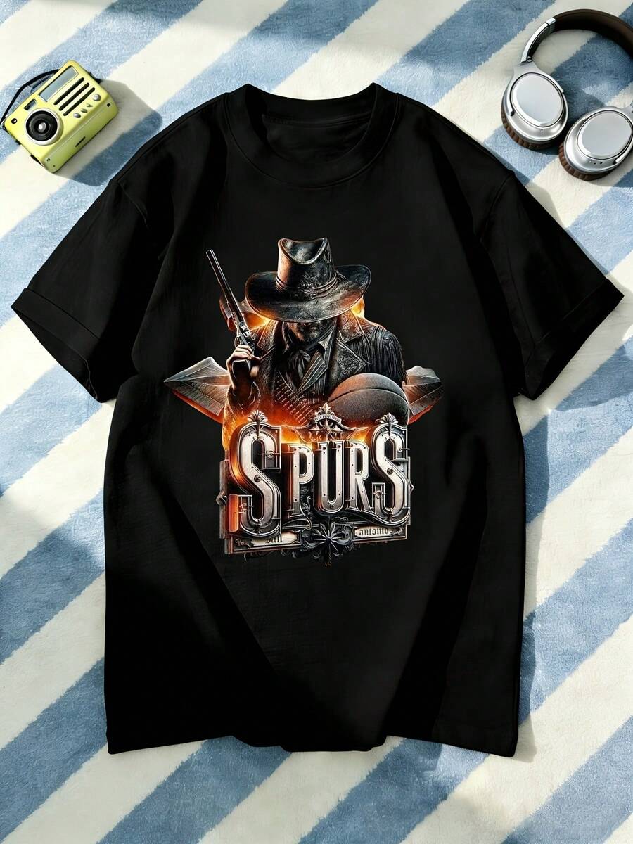 Unisex T-Shirt Made Of Pure Cotton, Men's & Women's Spurs Cowboy Graphic Unisex 100% Cotton T-Shirt Soft, All Seasons Casual Streetwear Essential, All-Match All Seasons Style, Affordable Daily Wear & Perfect Christmas Gift For Fans And Friends, Summer T-Shirt, Summer Clothes Women's, Men's Summer Outfit, Women's Shirt, Creative Design, Outdoor Play, Cool Style, Fun Design, Pretty Style, Summer Outfit, Creative Design, Outdoor Play, Cool Style, Fun Design, Pretty Style, Summer Clothes - Black - View 1