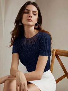 Blusa de punto semitransparente con decoración de strass y mangas cortas elegante para mujer - Azul - Ver 8