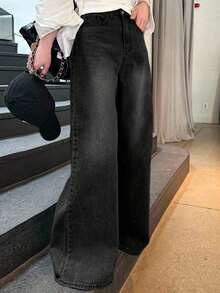 Jeans de cintura alta holgados y estilizadores de pierna recta, minimalistas y versátiles, pantalones cómodos de longitud tobillera para mujeres - Negro 2 - Ver 7