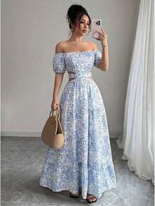 YHHRafferiza Vestido casual de vacaciones con hombros descubiertos y lazo en la espaldaYHH - Azul - Ver 3