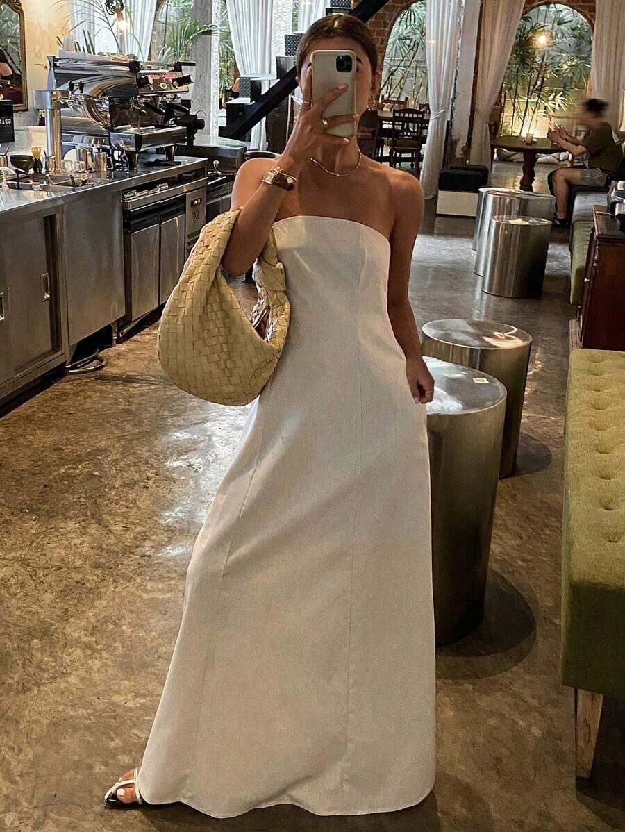 Vestido de unicolor sin mangas, elegante para primavera y verano, vestido de playa para mujeres de talla grande.Vestido casual de lino para mujeres. - Albaricoque - Ver 1