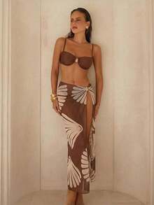 Conjunto de 3 piezas para primavera/verano: Camiseta sin mangas con aros push-up de unicolor, calzoncillos de natación de tiro alto y falda larga de malla, traje de baño para vacaciones en la playa para mujeres - Café integral 2 - Ver 5