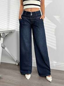 Jeans casuales holgados de pierna ancha con bolsillos para mujer - Azul lavado oscuro - Ver 3