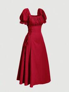 Vestido amarillo de longitud media con mangas de pétalos y cintura con lazo - Rojo 2 - Ver 4