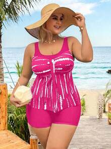 Swim Lushoire Conjunto de tankini con estampado total - Top y shorts negros para tallas grandes - Rosa Fucsia - Ver 3
