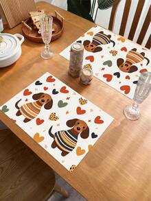 1 pieza Mantel individual de lino con estampado de perro, tapete para desayuno, posavasos de café, base para tazón, accesorio de cocina, fácil de limpiar, apto para el hogar, restaurante, decoración del comedor, regalo festivo, regalo para amigos, juego de múltiples piezas - Multicolor - Ver 5