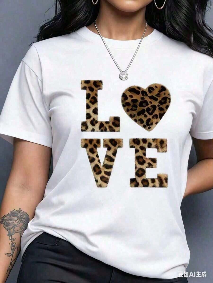 Estampado gráfico de "LOVE" con leopardo y corazón para amantes de estilo retro y leopardo, ropa de mujer blusa camisas de mujer blusas bonitas blusas para dama blusas casuales para dama, camisas y2k ropa adorable tops holgados para mujer manga corta cuello redondo ajuste holgado para todas las estaciones, lavable a máquina tejido elástico transpirable 100% algodón ideal para ocio diario deportes y fitness viajes y desplazamientos, artículos del almacén local envío gratuito vintage top para mujer casual, 2026 New Arrival - Blanco - Ver 1