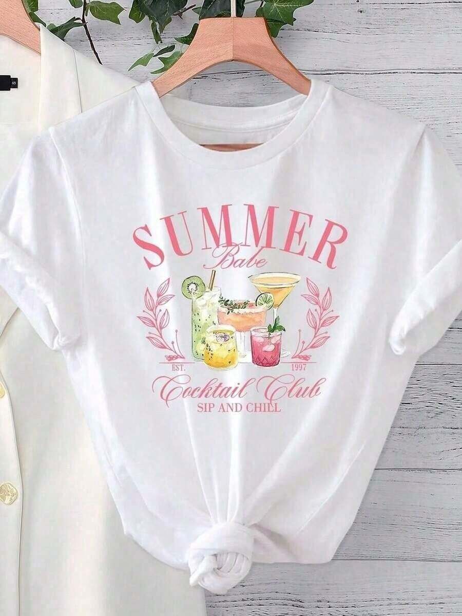 Camiseta básica de manga corta para mujer Otoño/Invierno 2025: cuello redondo, corte holgado, estampado de aire veraniego de moda, tejido suave con caída perfecta y ultra combinable blusas para mujer playeras de mujer blusas casuales para dama - Blanco - Ver 1