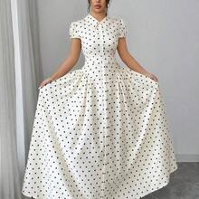 Elenzya Women's Woven Polka Dot Print Fabric Turndown Collar Button Front Gathered Lantern Sleeve Waist Gathered A-Line Elegant Vintage Fashion Business Commute Outing Holiday Black & White Polka Dot Dress, Spring/Summer - Azul - Ver 7