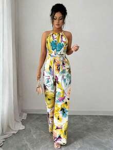 Mono con cintura entallada de tela estampada para mujer, elegante para vacaciones y uso diario con cuello de halter - Multicolor 2 - Ver 5