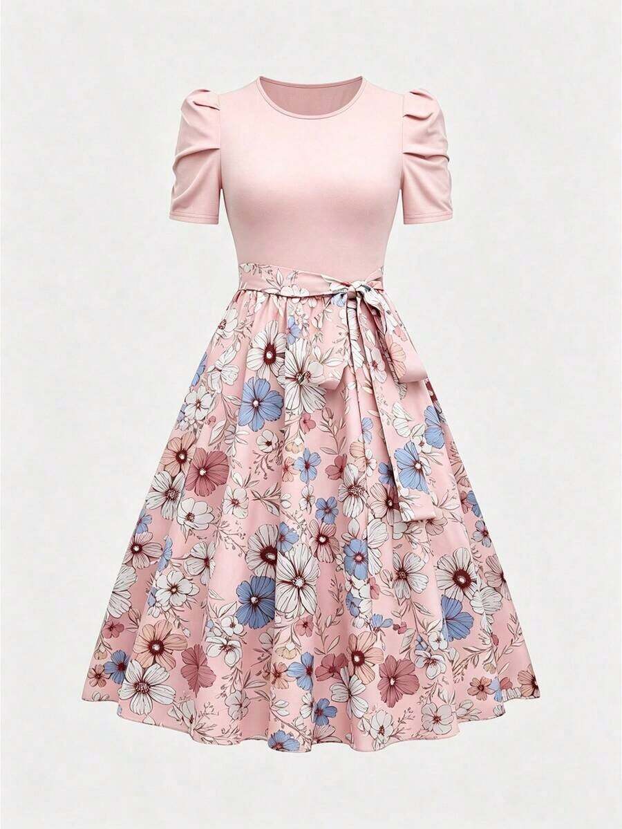 Vestido de verano de longitud media con estampado floral elegante y patchwork para mujer - Rosa Pálido - Ver 1