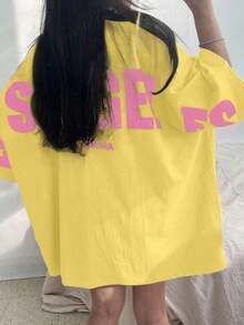 Camiseta holgada de mujer con cuello redondo, hombros caídos y estampado de letras - Amarillo - Ver 3