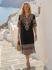 Women's Retro Print Mid-Length Casual Dress, Suitable For All Seasons, Stylish Vacation Outfits For Women, Floral Dresses, Spring Dresses For Women, Summer Outfits, Beach Outfits For Women, Casual - 鵝黃色 - 查看 9