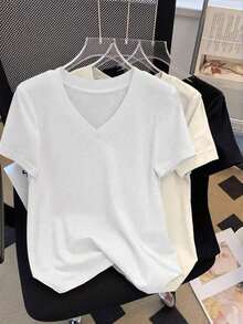 Camiseta casual versátil de mujer de unicolor con cuello en V y manga corta - Burdeos - Ver 12