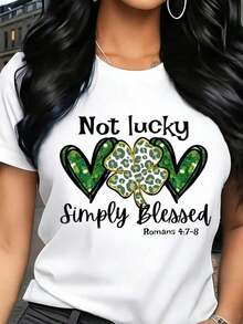 Printed T-Shirts For Women, Plus-Size Urban Style Tops, Comfortable And Stylish Summer T-Shirts That Go With Everything. Women's T-Shirt With A St. Patrick's Day Heart And Shamrock Design, "It's Not Luck, Just A Bible Quote," Short Sleeves, Casual Style For Festive Wear. - 白色 - 查看 1